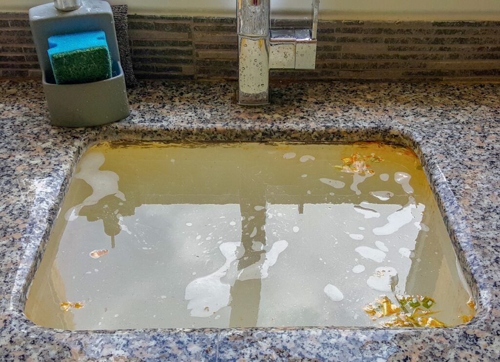 Backed up, dirty kitchen sink.